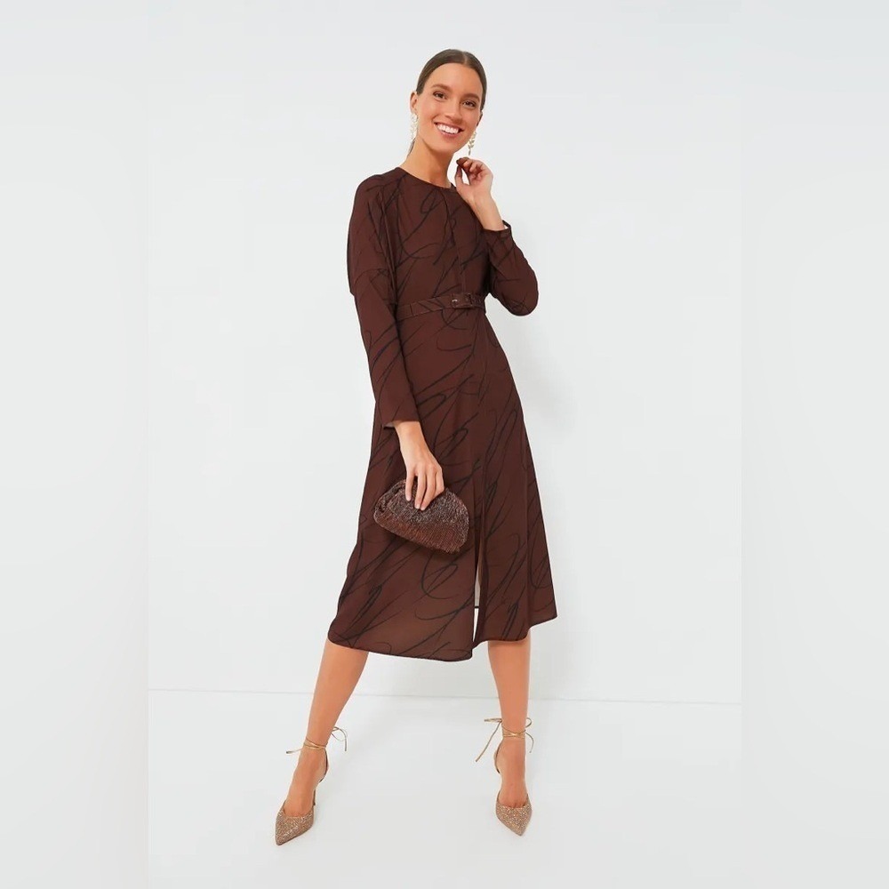 Womens Brown Abstract Scribble Print Belted Midi Dress Long Sleeve‎ Round Neck